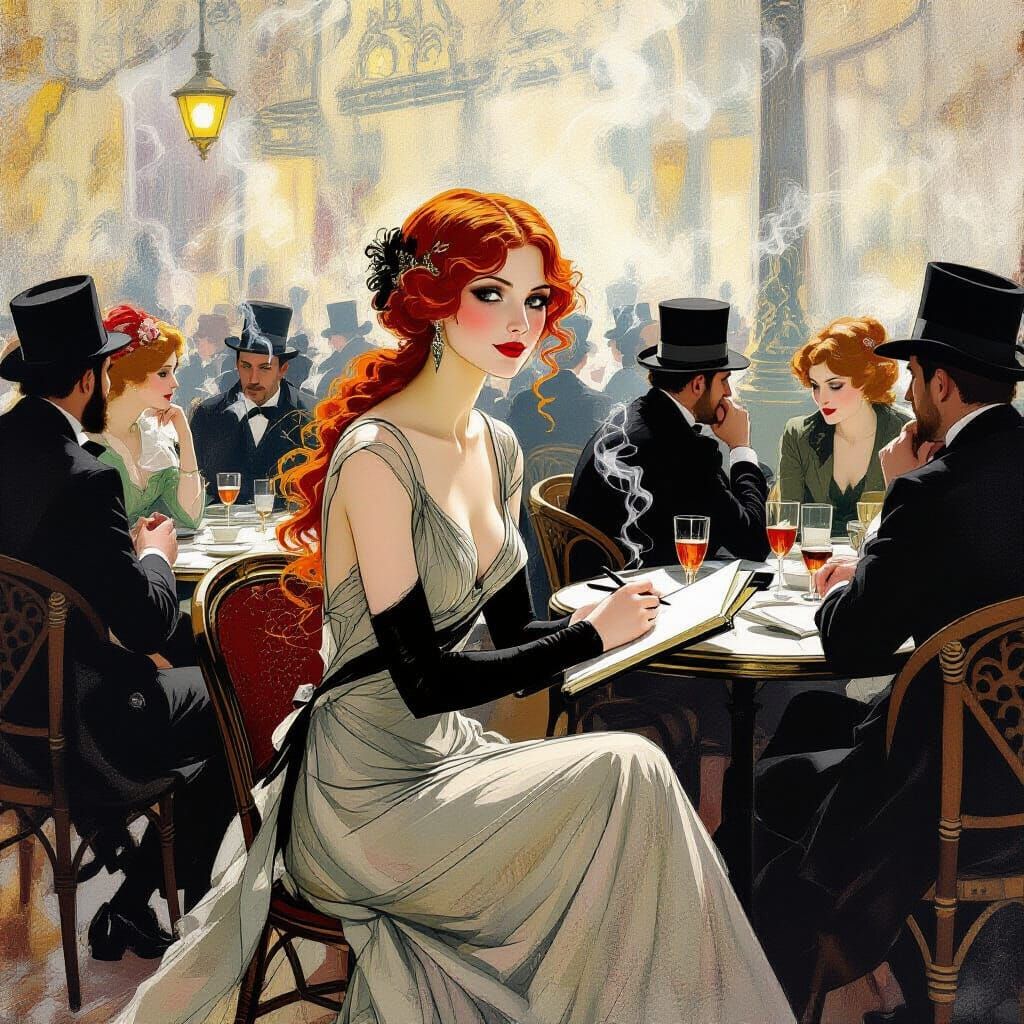 1920s Parisian Cafe Scene in Art Nouveau Style