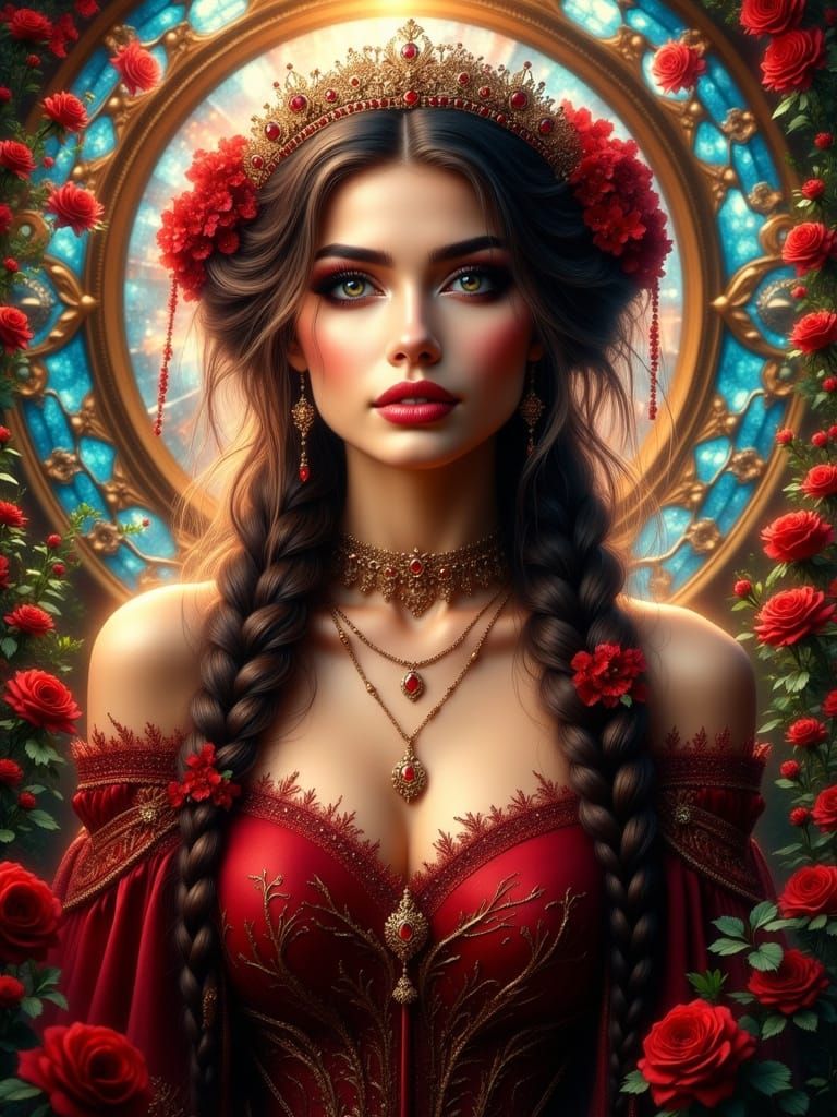 Elegant Woman in Ruby Light Beneath Stained Glass Dome