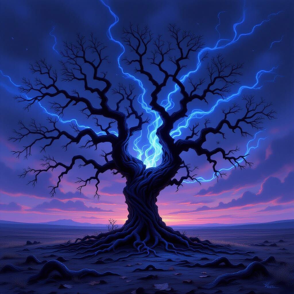 Ancient Gnarled Tree in Desolate Twilight Plain