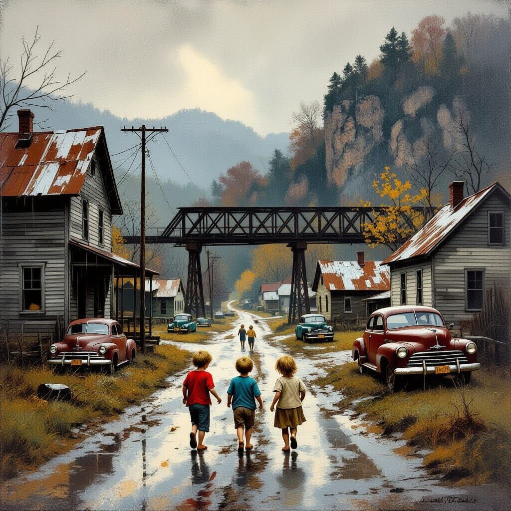 Children Playing in West Virginia Holler, Regionalist Style