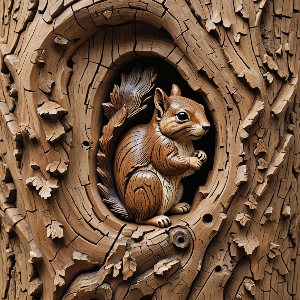 Wood carving of a squirrel looking out of a hollow tree.