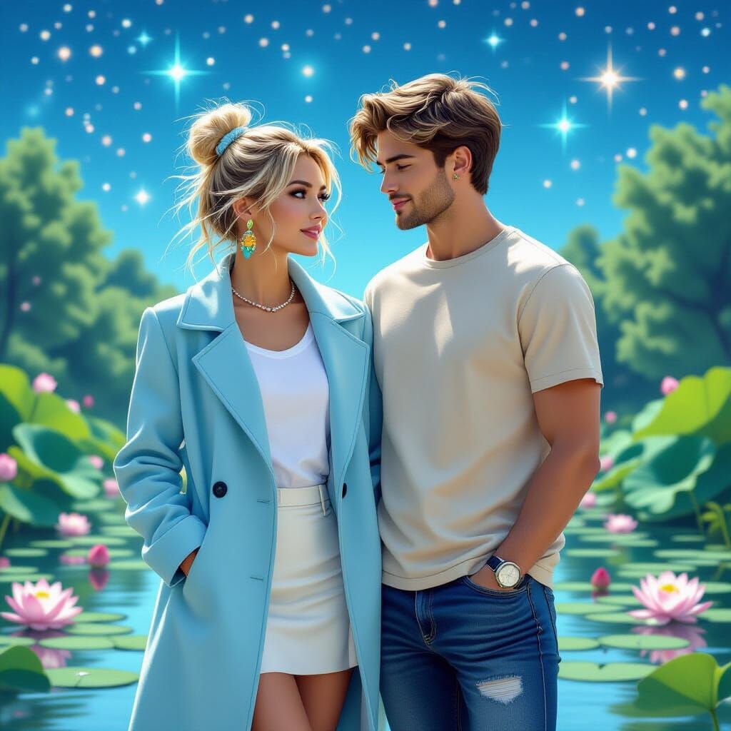 Starry Lotus Pond: Hyperrealistic Celestial Portrait