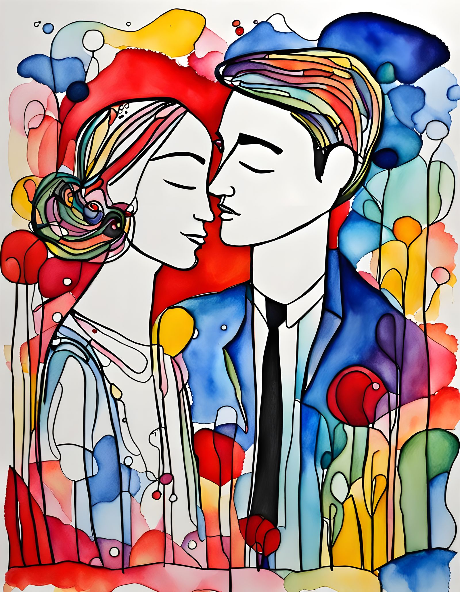 Abstract Romantic Scene in Mixed Media Watercolor