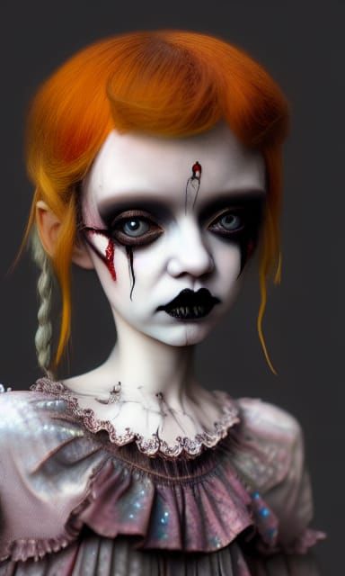 Sad Goth Clown Porcelain Doll, Digital Art
