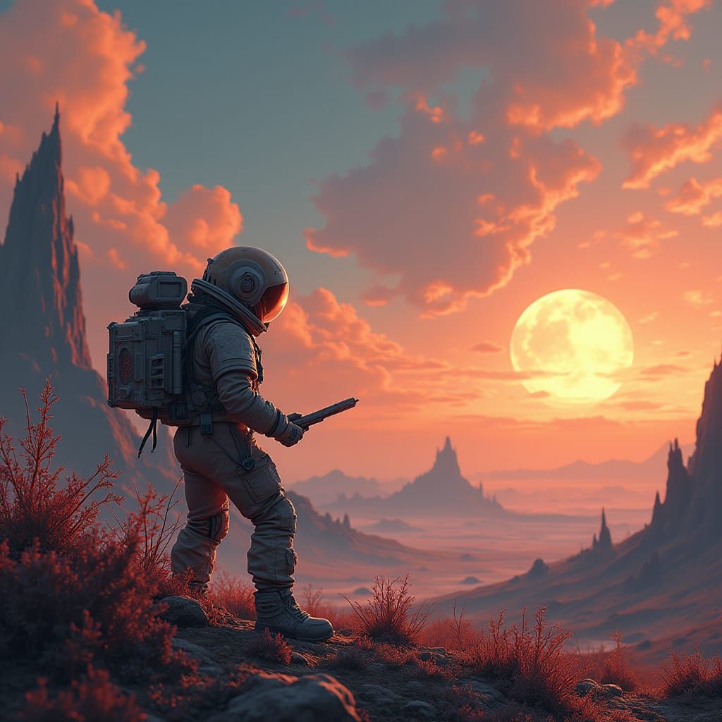 Astronaut Sketches Alien Life Under Binary Sunset