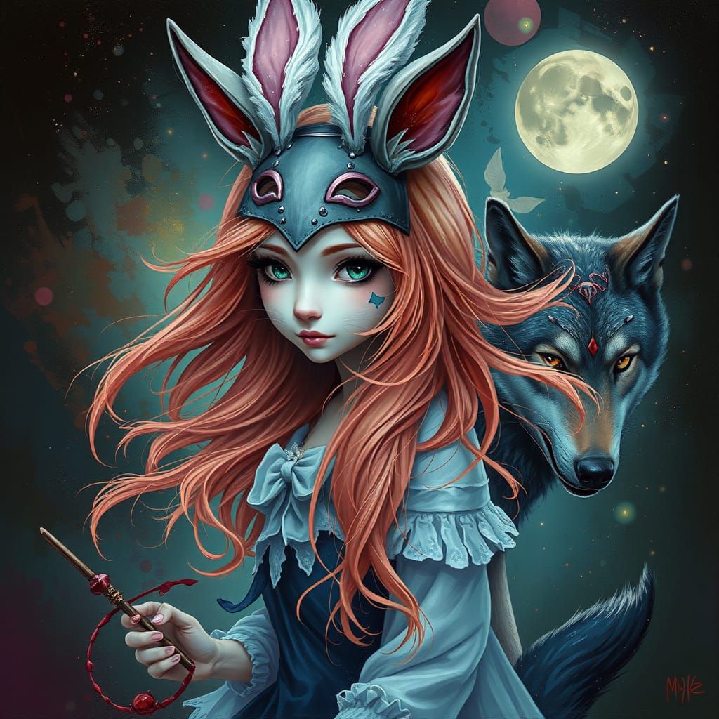 Ethereal Wild Peach Girl in Dark Oil Painting