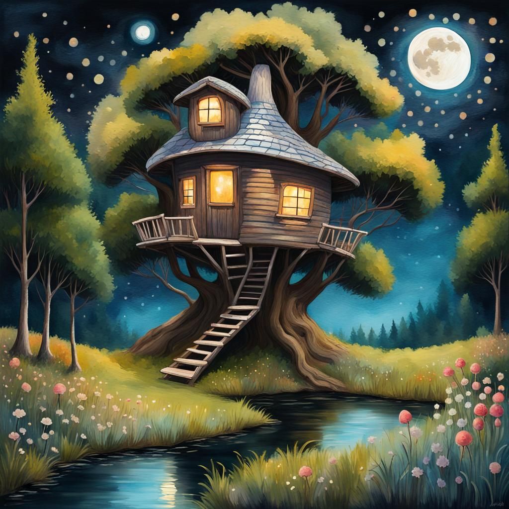Magical Treehouse Landscape in Gouache Style