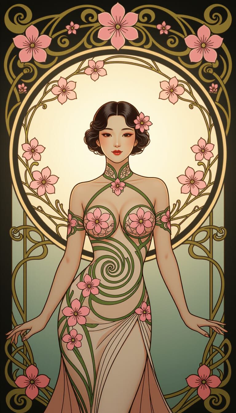 Art Nouveau Muse in Cherry Blossom Spiral Frame
