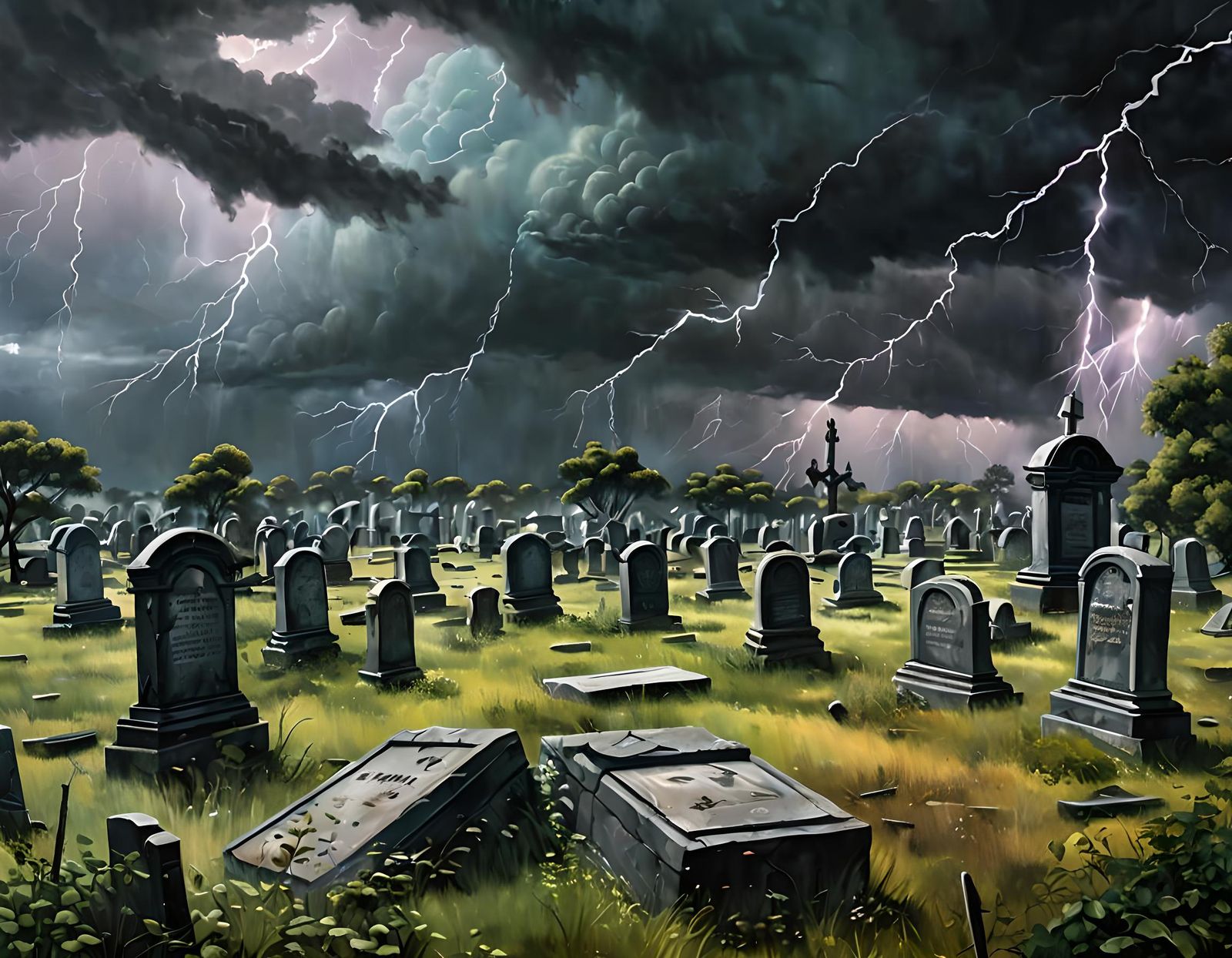 Eerie Cemetery with Leaning Gravestones: Oil Painting