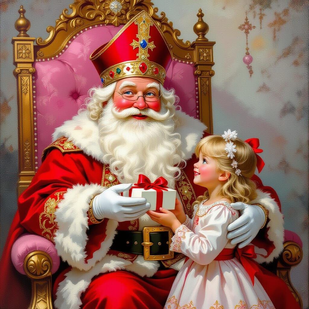 Jovial Saint Nicholas on Pink Throne Offering Gift as Oil Pa...