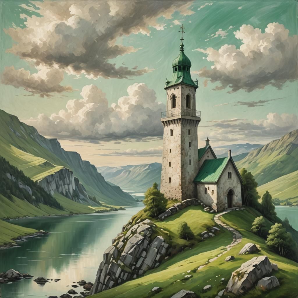 White Stone Tower in Nordic Landscape Painting