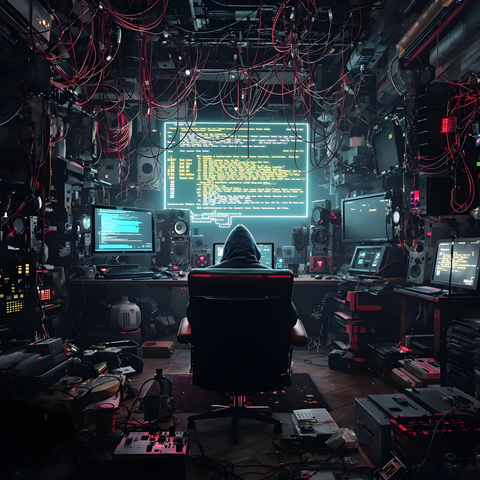 Cyberpunk Hacker's Lair with Fiber Optic Circuits
