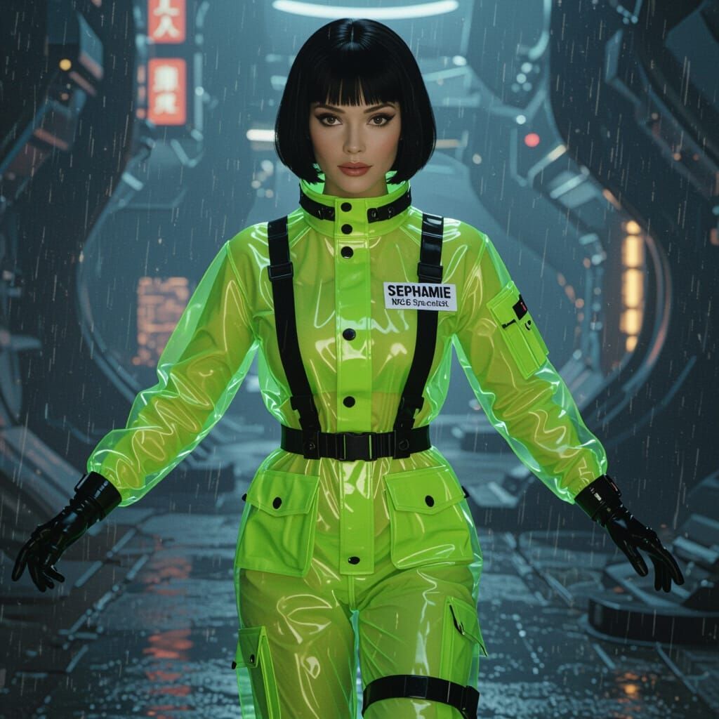 Futuristic Space Woman in Green PVC Rainsuit