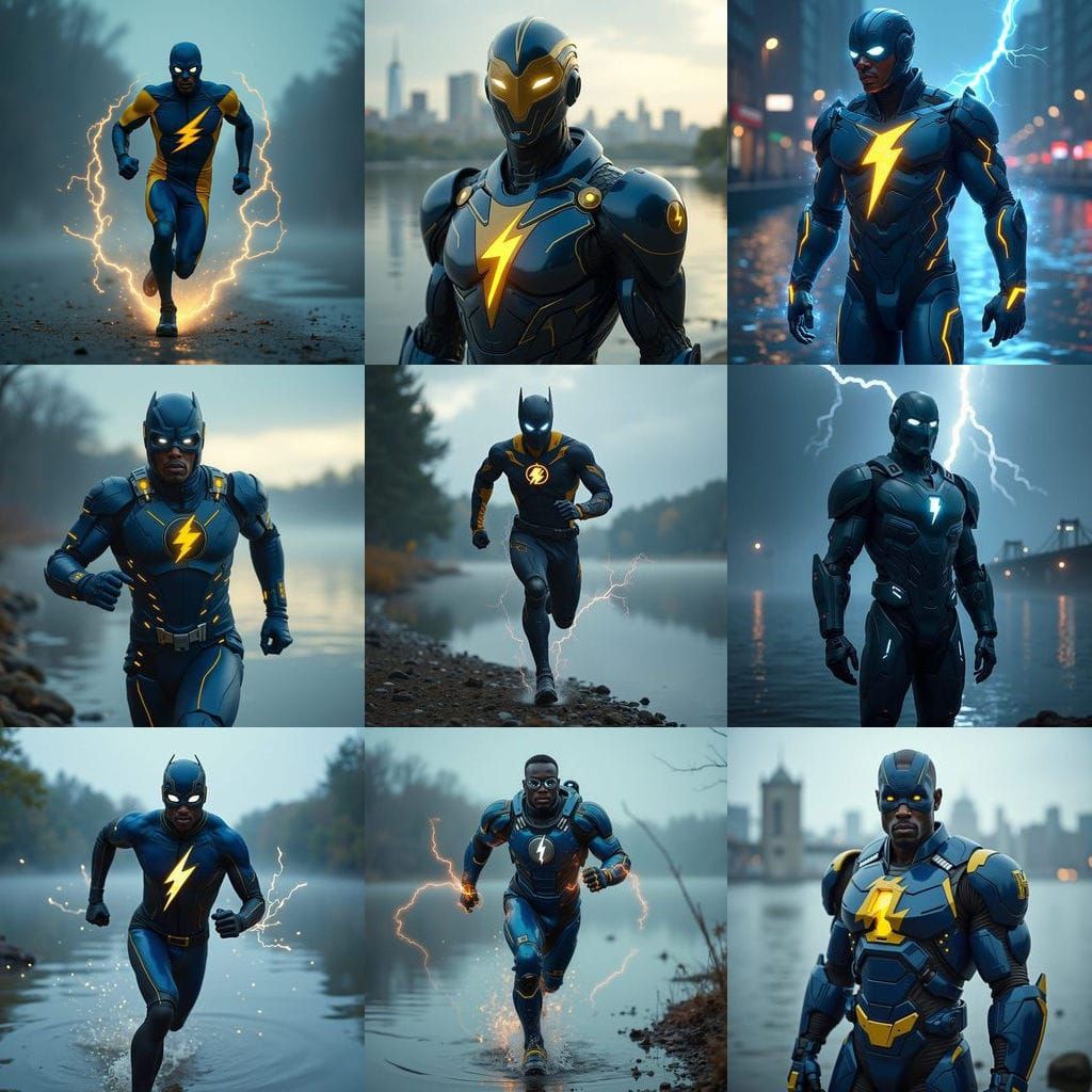 Cyberpunk Superhero in Motion, New York Lake