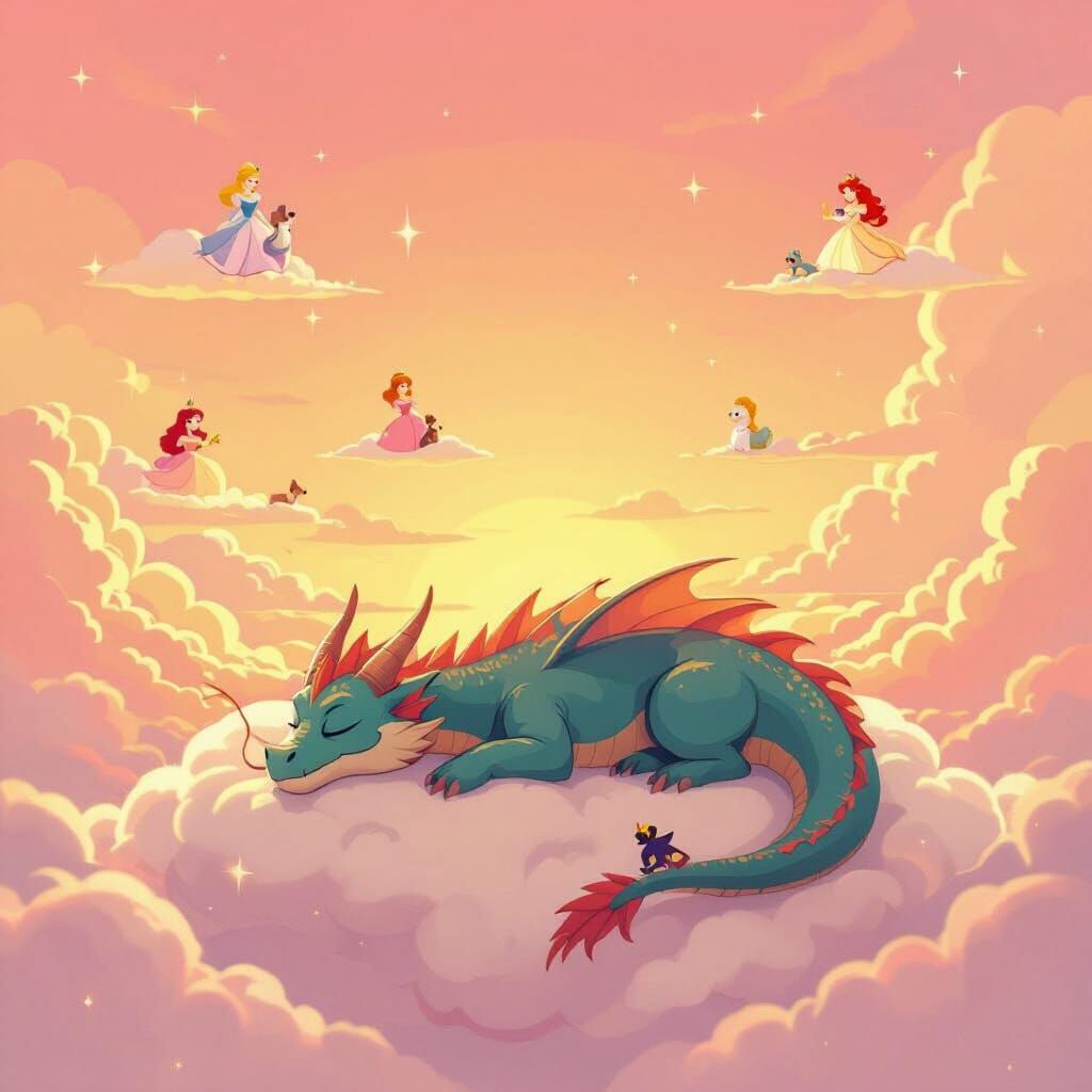 Majestic Dragon Sleeps Amidst Disney Princesses in Dreamy Sk...