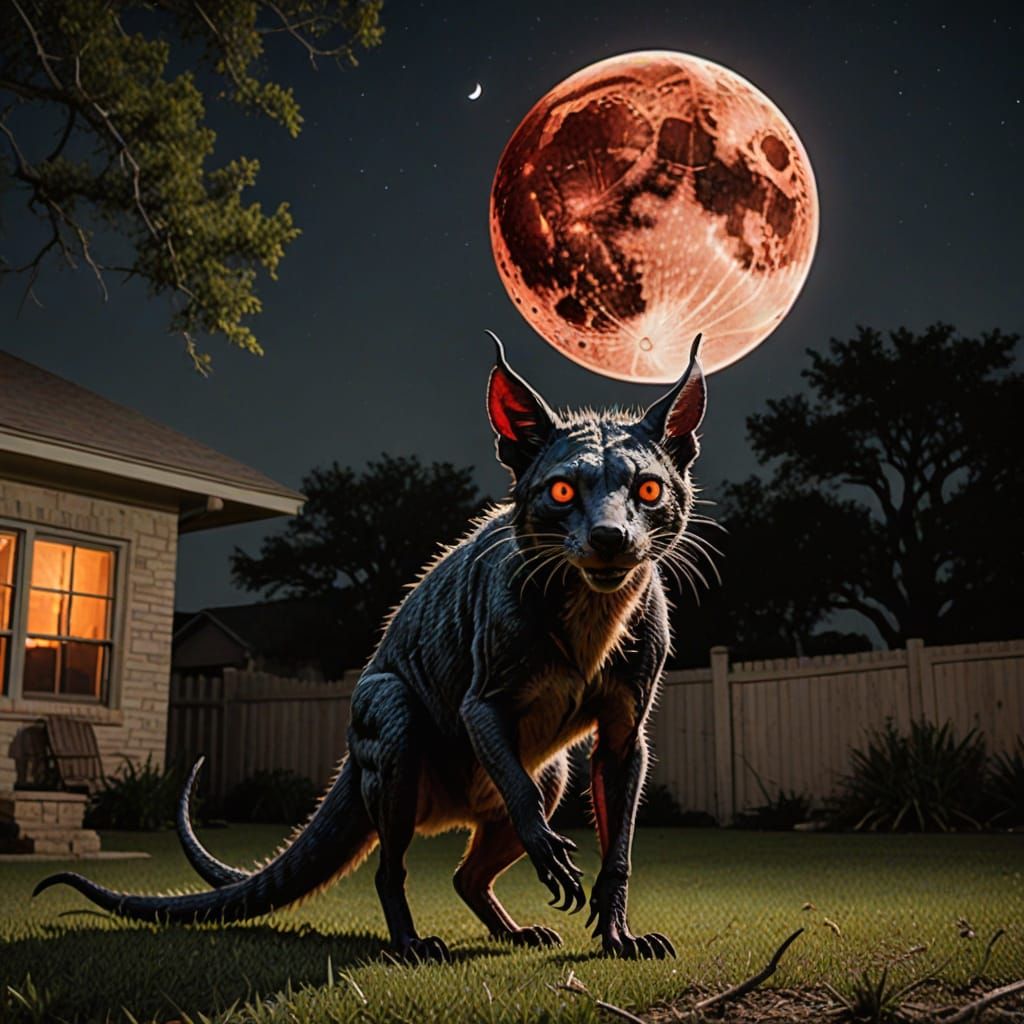 Chupacabra Under Blood Moon in Texas Backyard