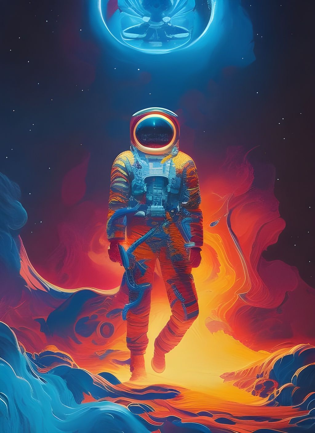 Astronaut in Flames with Lion Skull, Acrylic Pour