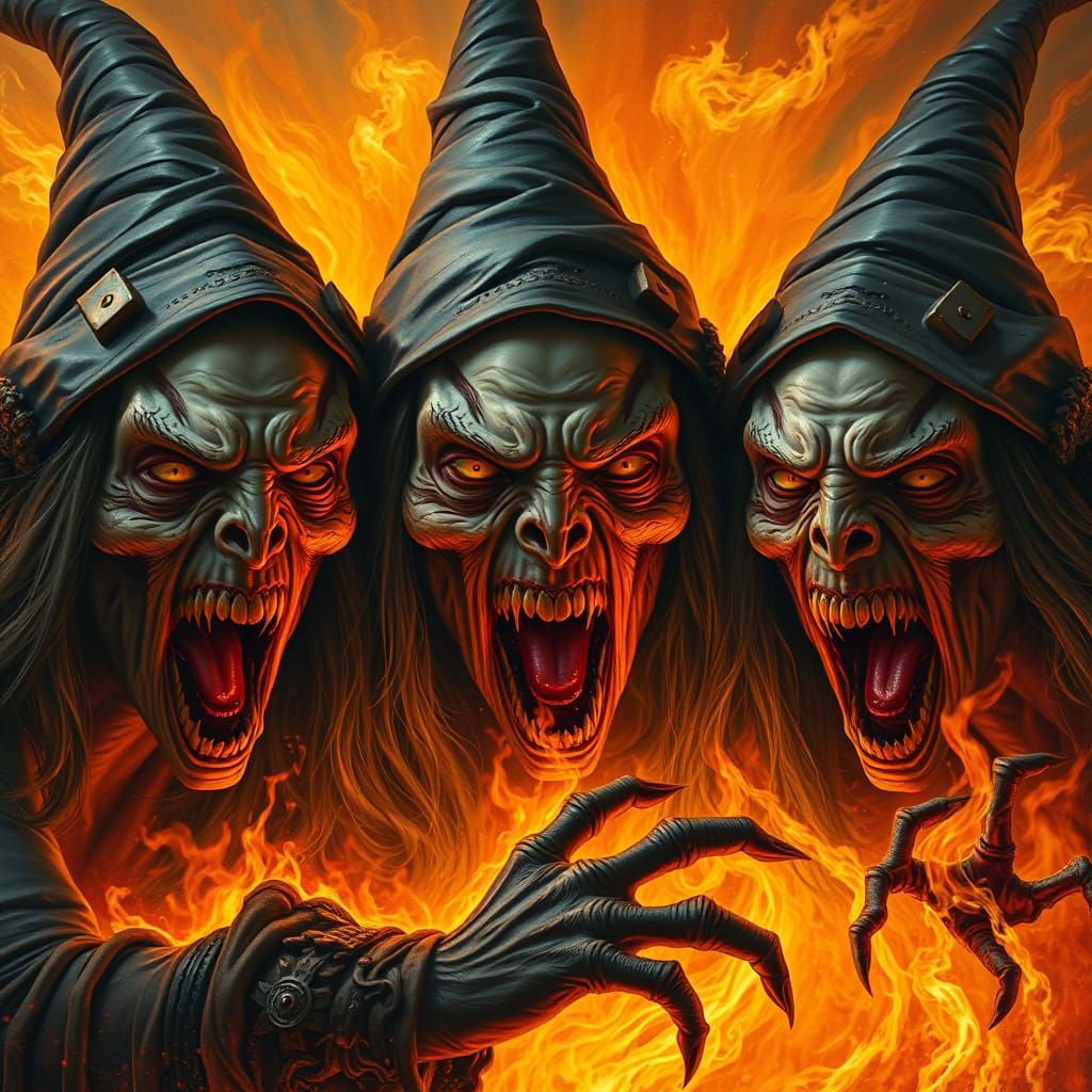 Screaming Witches Engulfed in Hellfire, Dark Fantastical Rea...