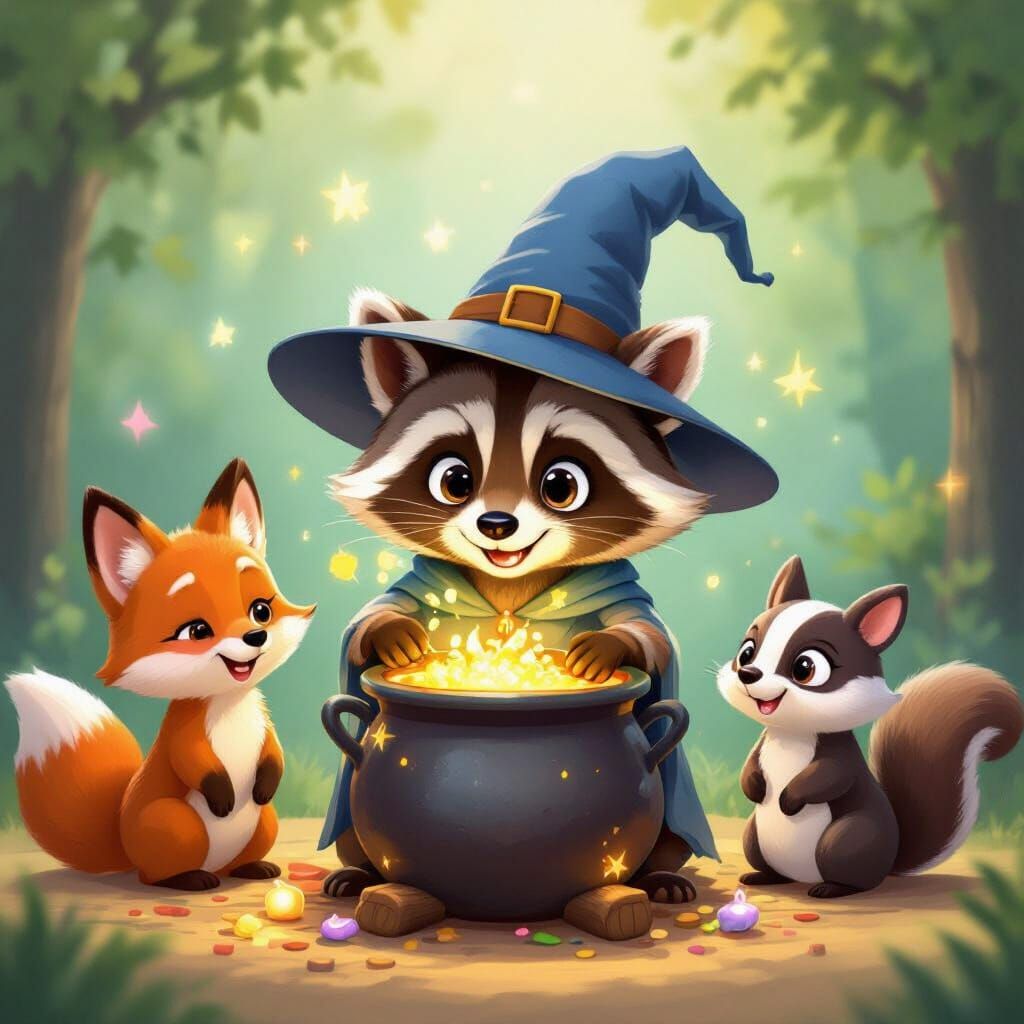 Raccoon Wizard Brews Potion for Animal Friends in Cartoon St...