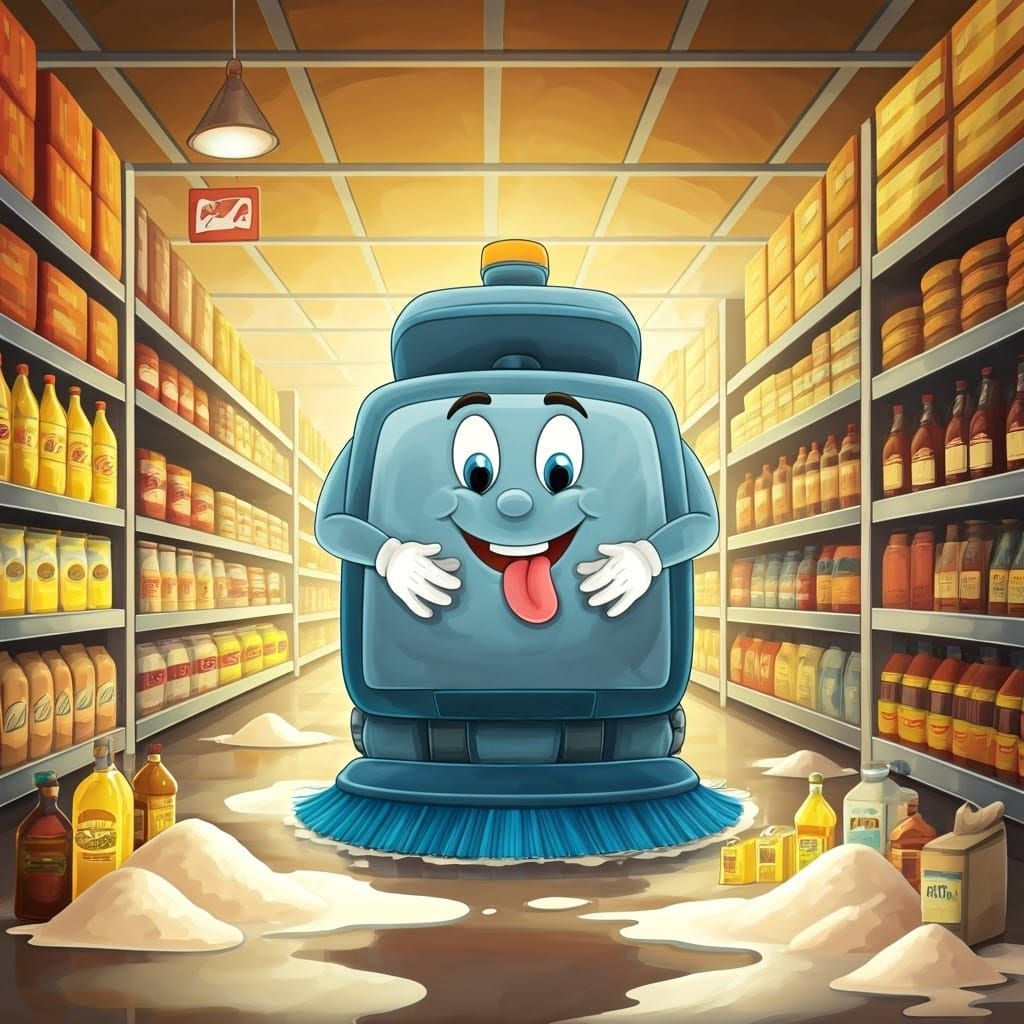 Vibrant Supermarket Scene with Happy Floor Washing Machine