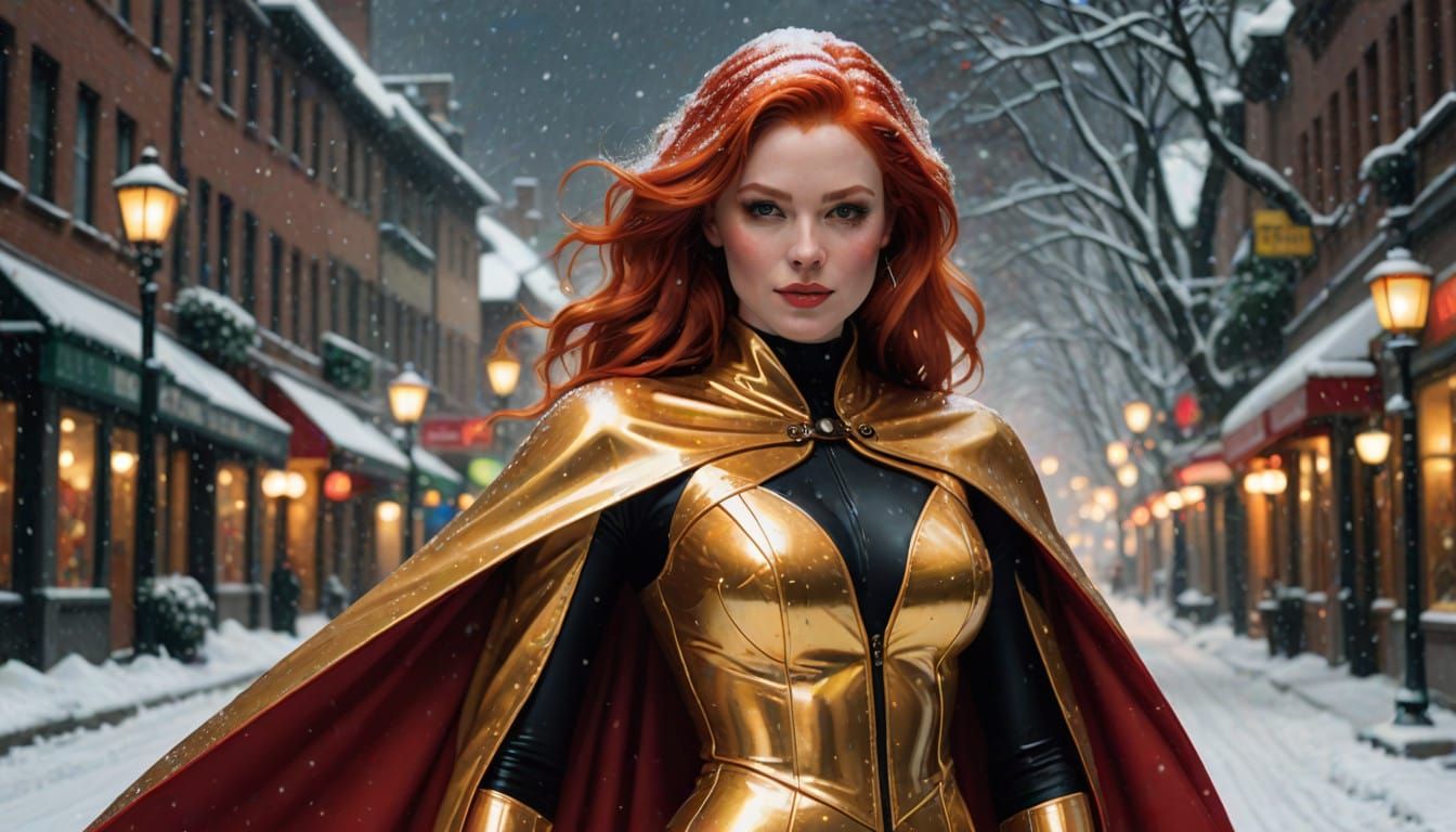 Elegant Siren in Gold Latex, Red Hair and Santa Hat, Winter...