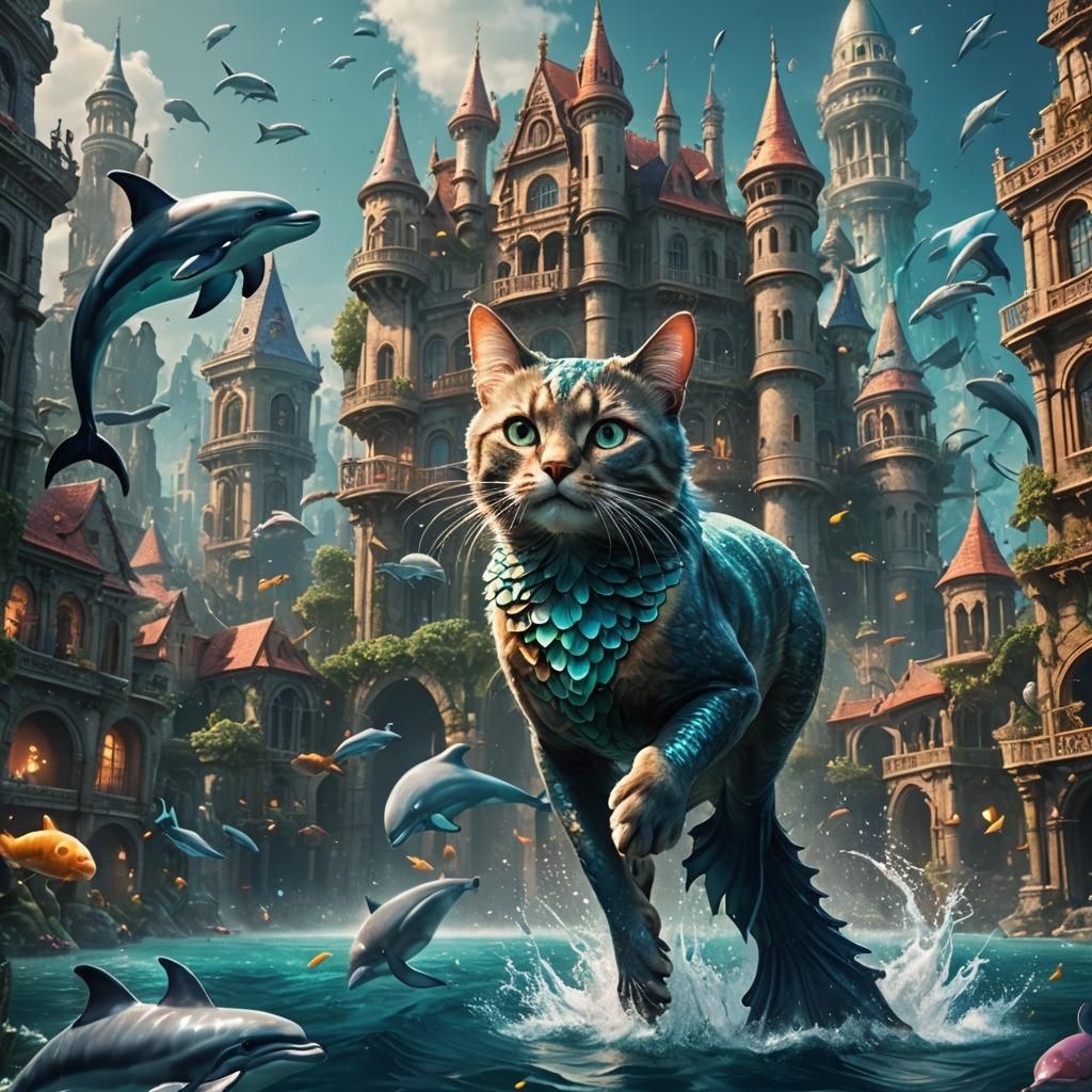 Mermaid Cat Swimming in Underwater City