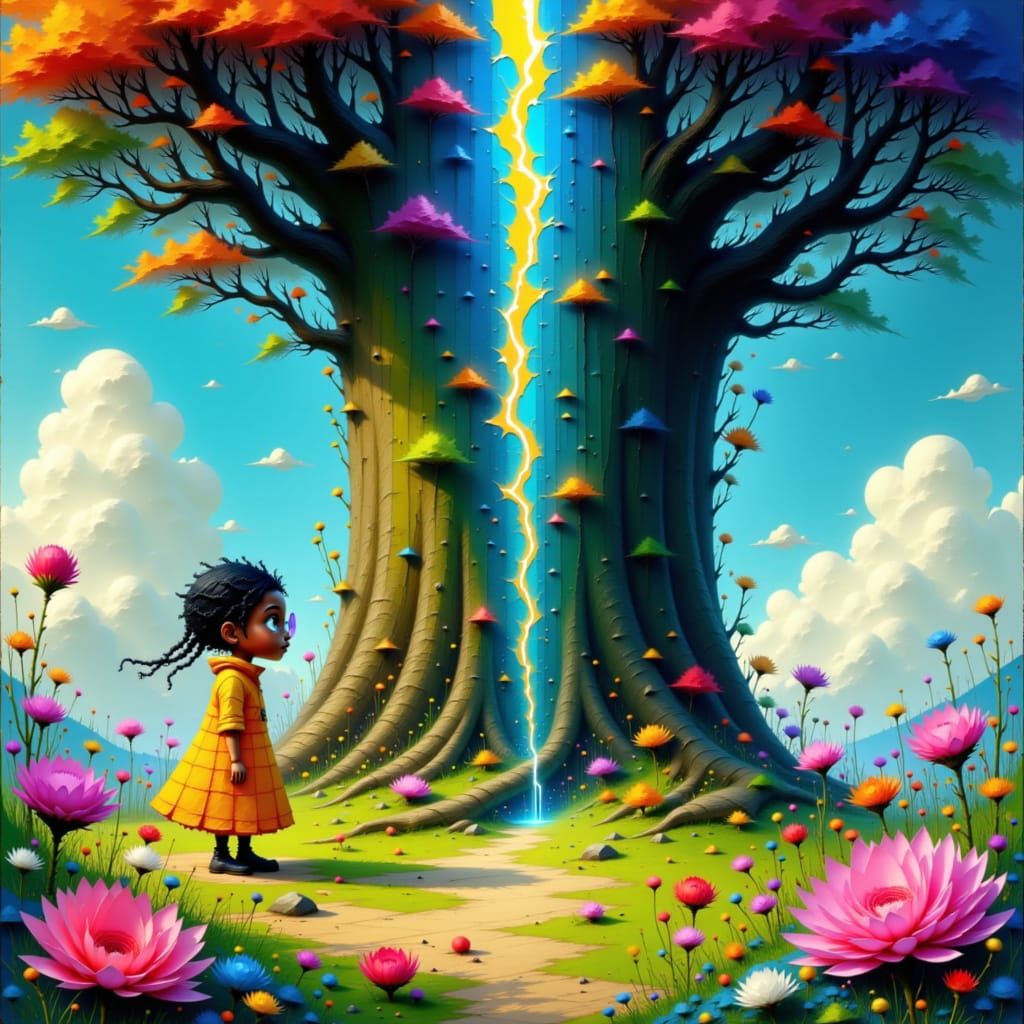 Lightning Splits Tree with Woman in Digital Painting