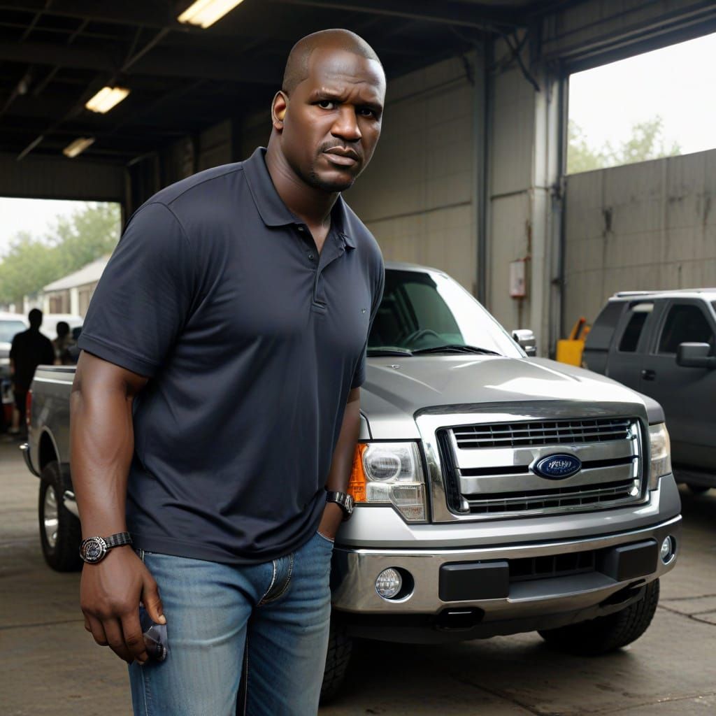 Cyberpunk Shaq and Harrison Ford Drive a Futuristic F-150