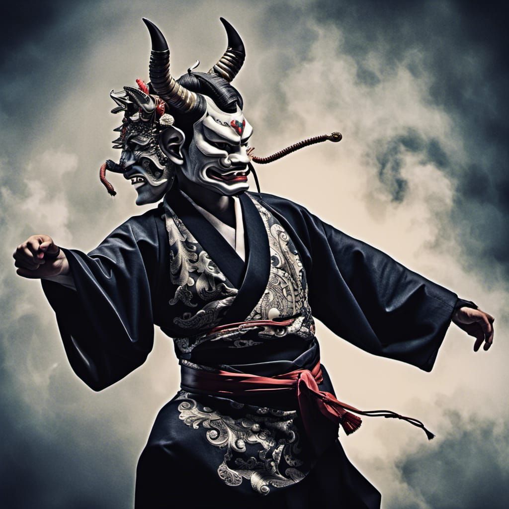 Noh Actor Dancing with Hannya Mask at Night