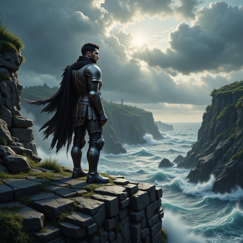 Lone Knight on Stormy Cliff Overlooking Sea