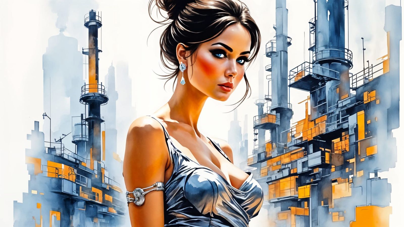 Cybernetic Woman in Abstract Watercolor Sci-Fi Scene