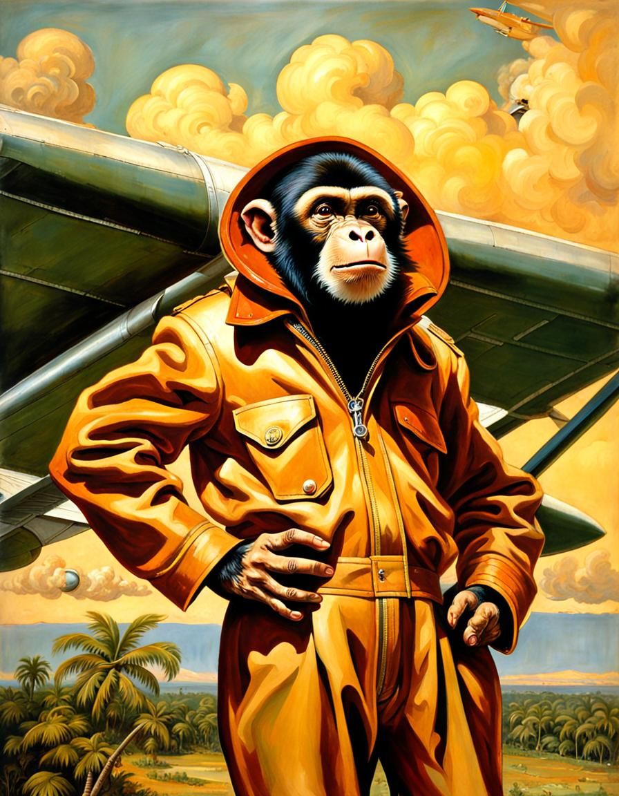 Capuchin Monkey Aviator in Jungle, Chiaroscuro Painting