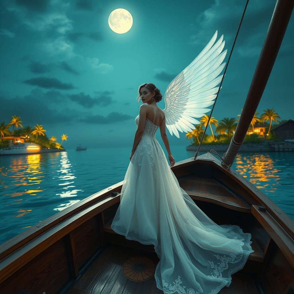 Winged Princess Glides in Maldives Moonlight