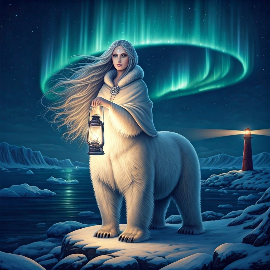 A Polar Centaur hybrid mix of a polarbear and a female human, holding a tiny vintage style metal Lantern, background the...