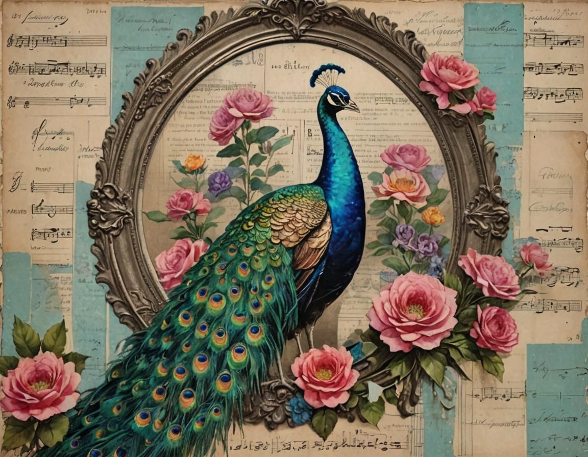 Mixed Media Collage of Vibrant Peacock and Flowers
