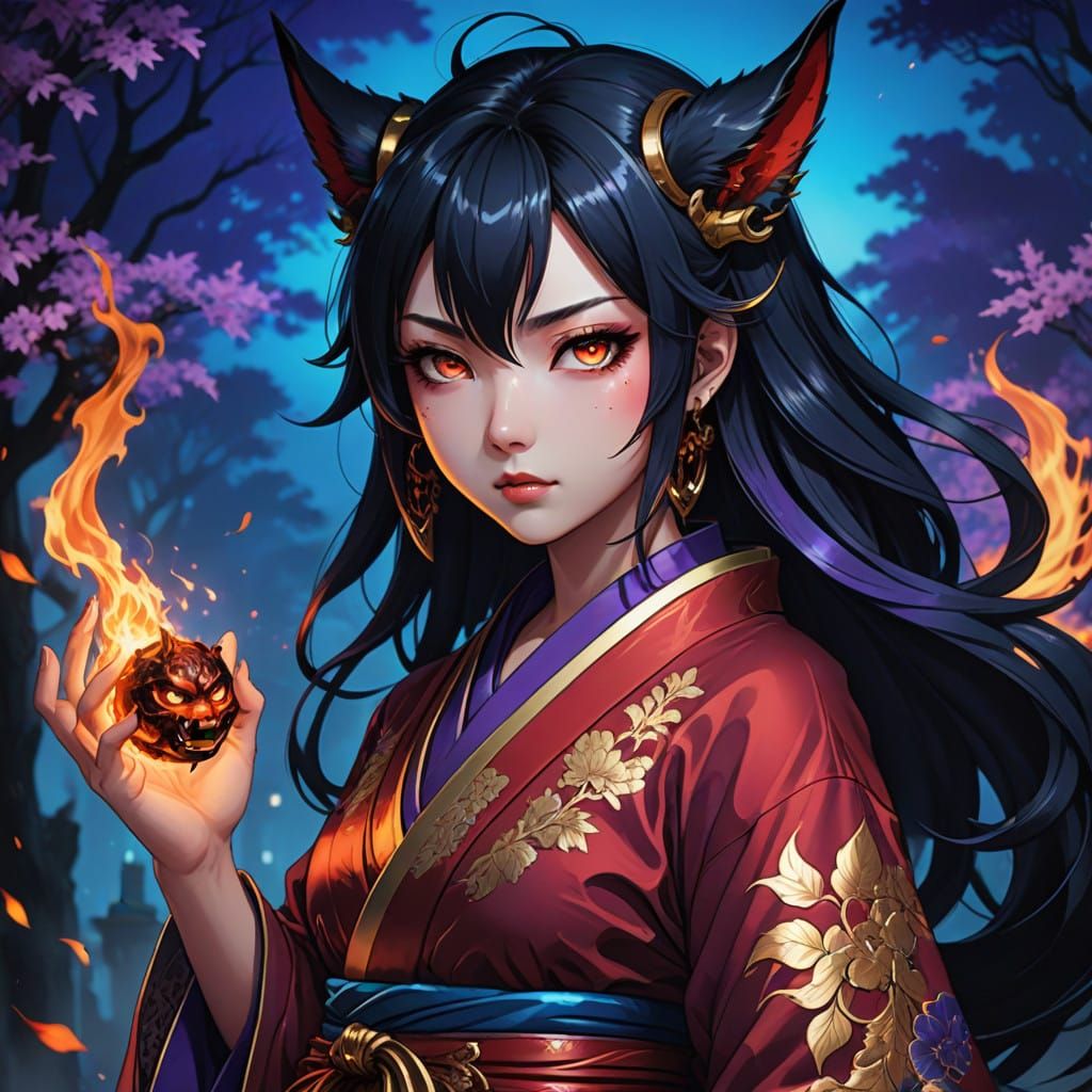 Mystical Shadowfire Oni Hellhound Girl Anime Art