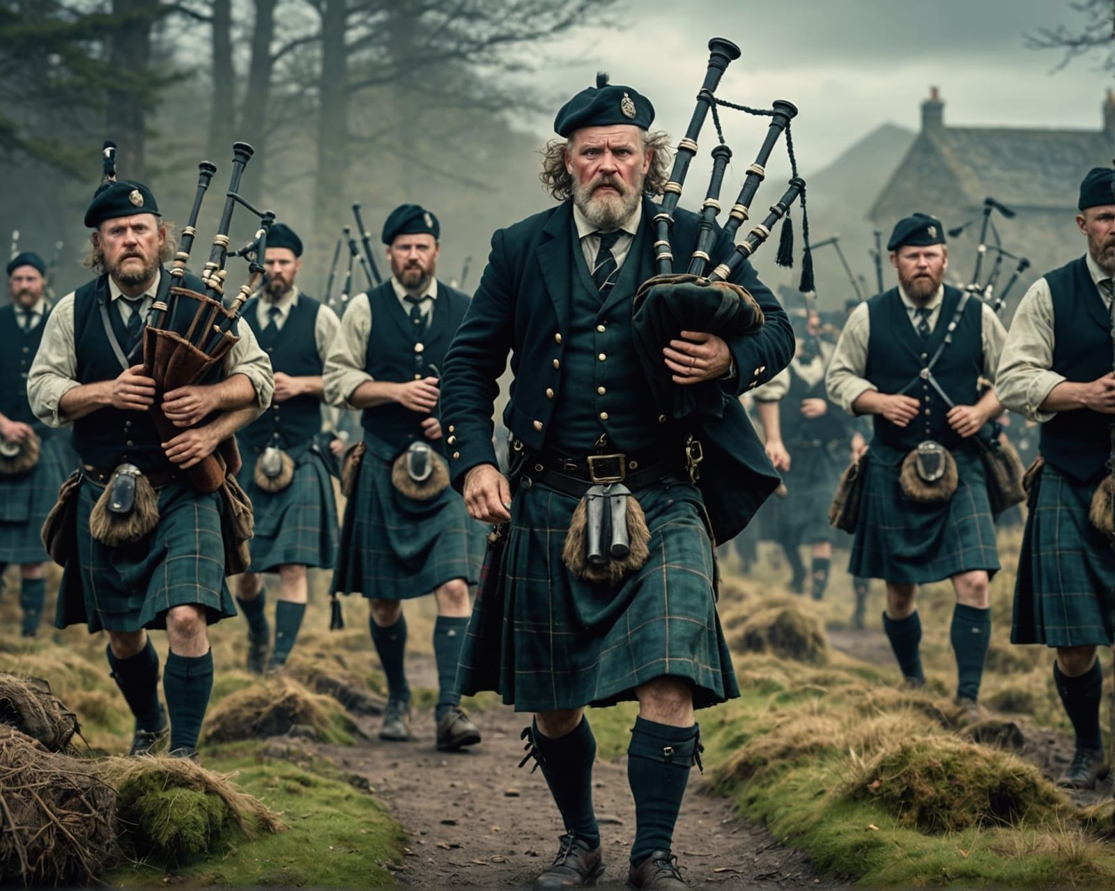 Drunk Clansman Plays Haggis Bagpipes, Hyperrealistic 3D