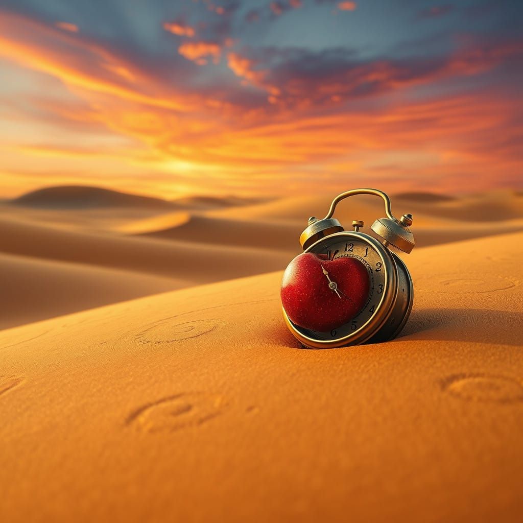 Fantasy Desert Landscape with Vibrant Apple and Clock