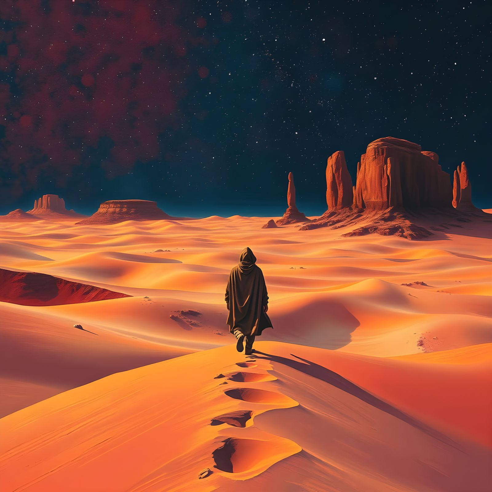 Surreal Desert Landscape Under Starry Night Sky