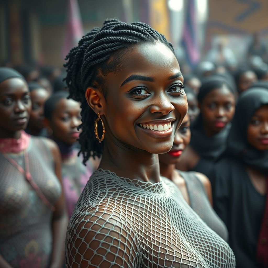 Smiling Woman in Fishnet Dress, Hyperrealistic Style