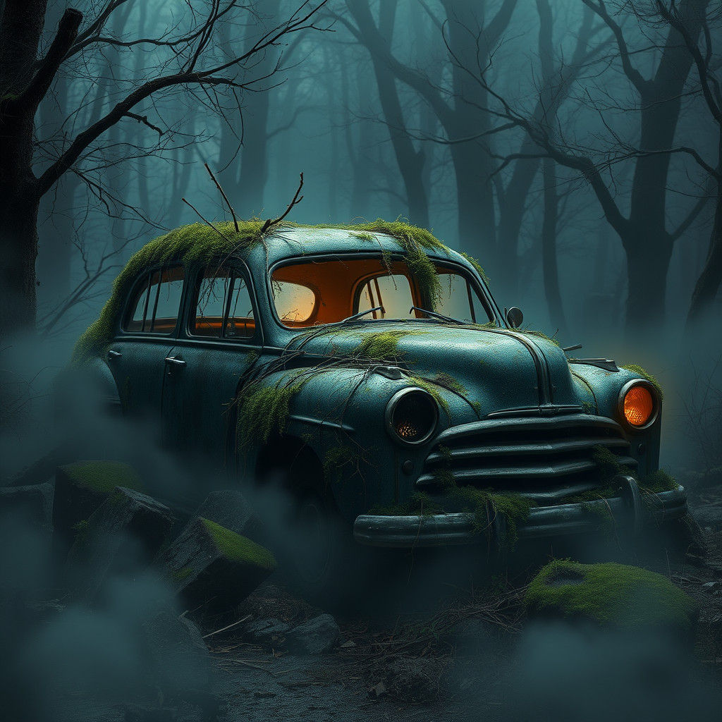 Eerie Abandoned Car in Mist, Dark Fantasy Art