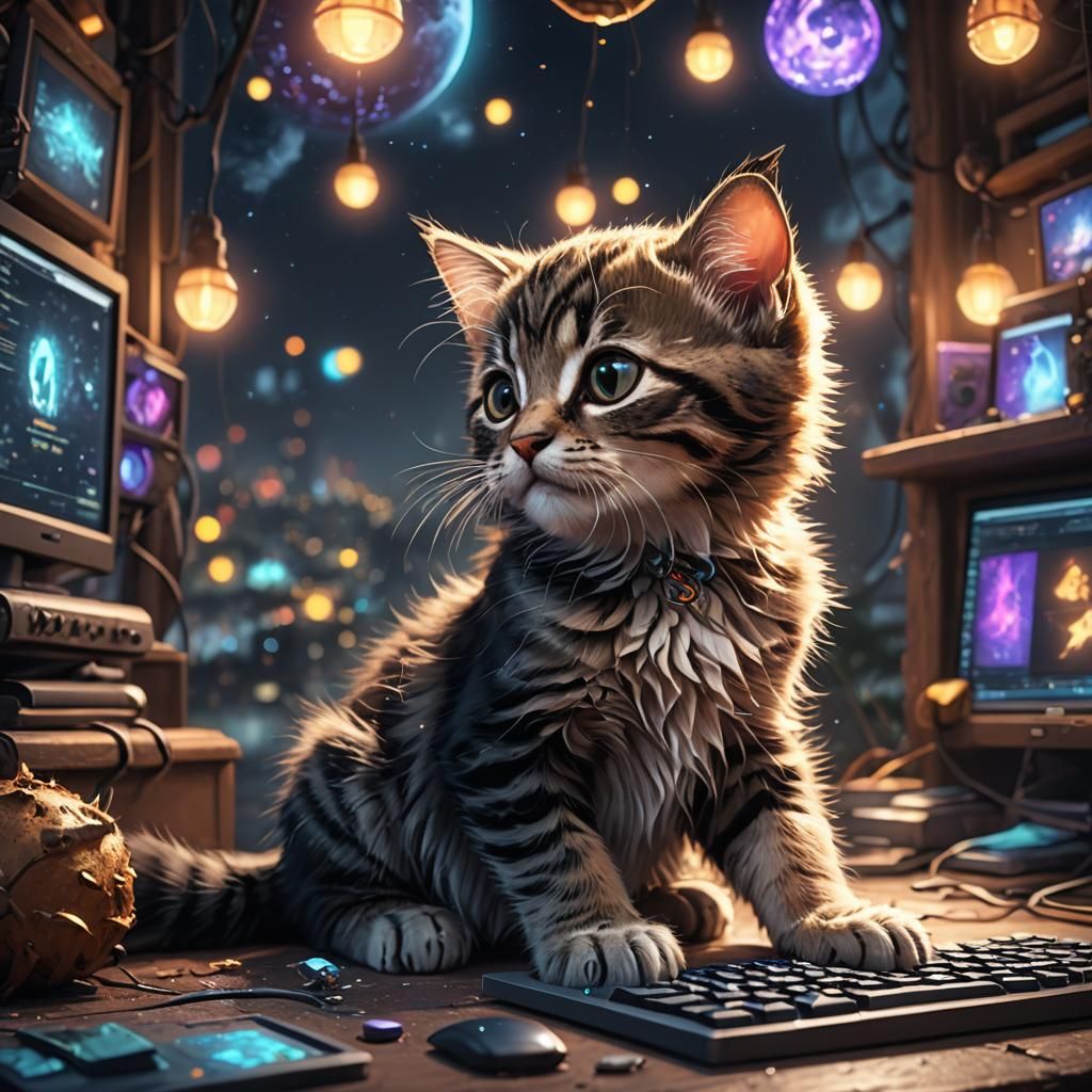Cute Kitten Types on Computer: Fantasy Concept Art