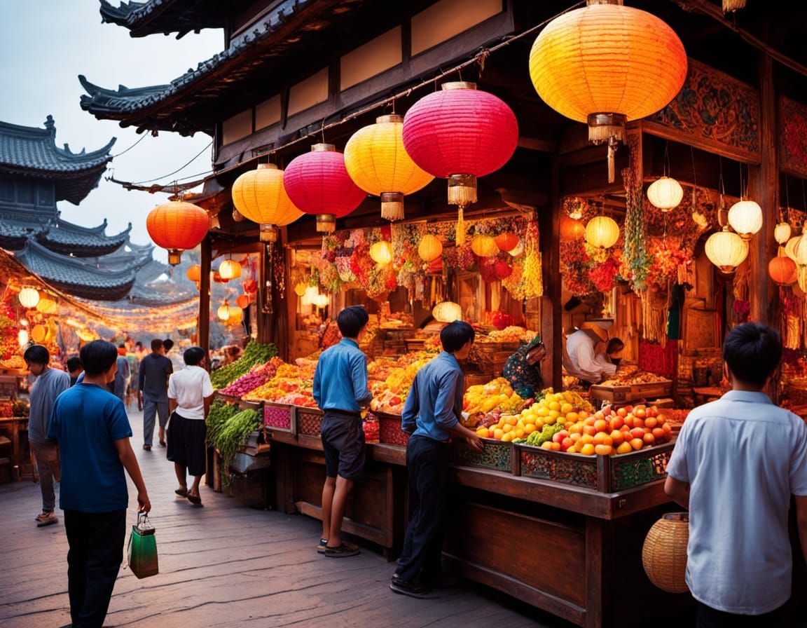 Whimsical Oriental Market Scene with Intricate Details