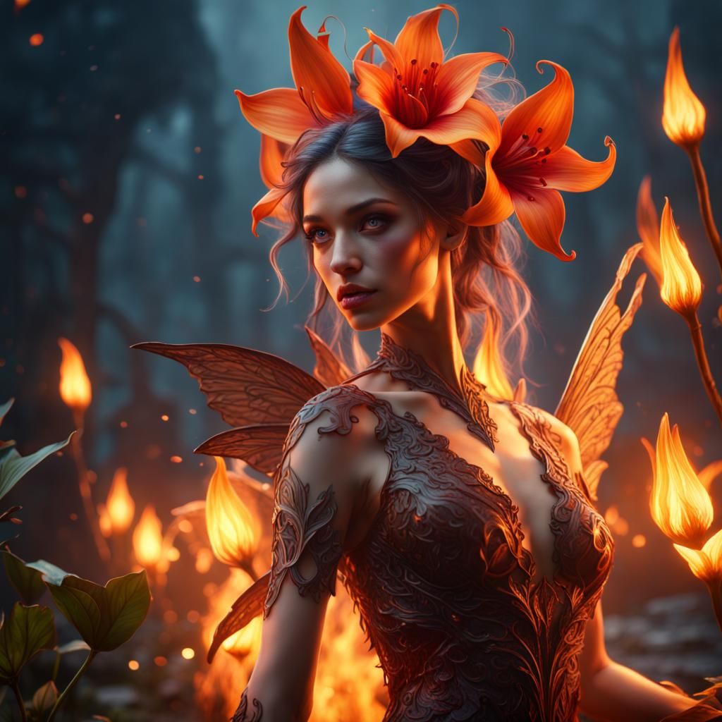 Fire Lily Fairy in Detailed Matte Painting