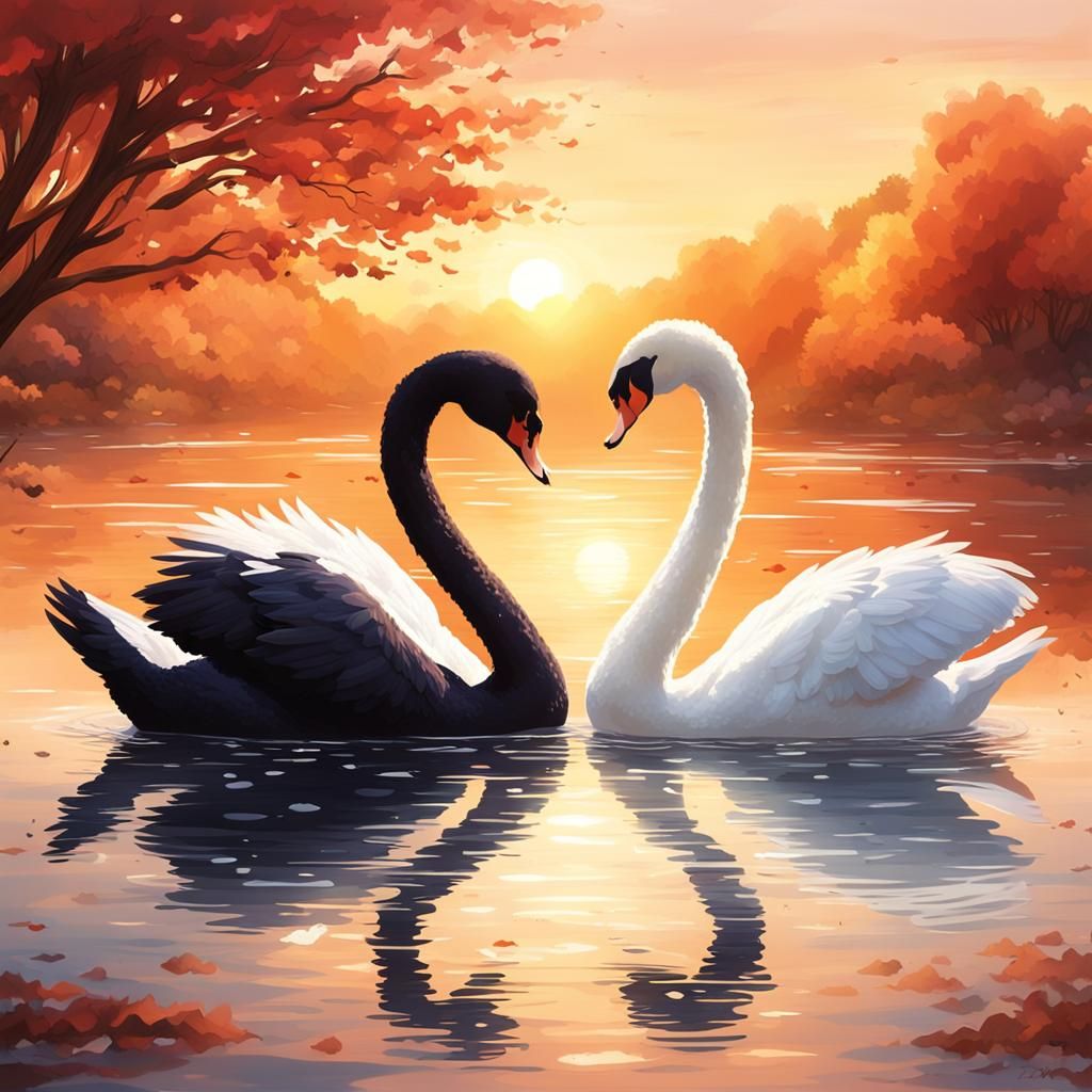 Dancing Swans at Sunrise in Anime Style