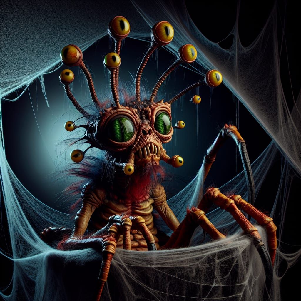 Extraterrestrial Arachnid Perched on Web in Ominous Room