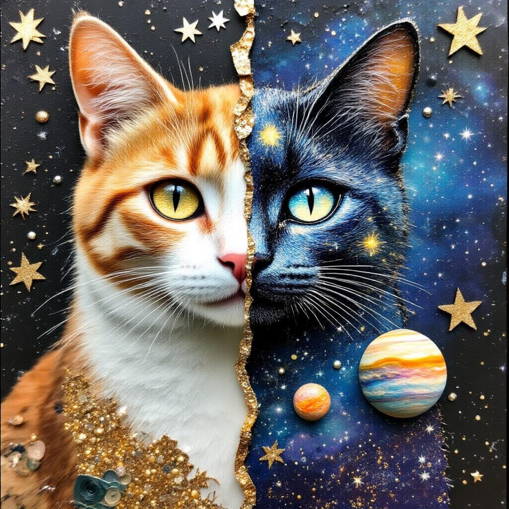 Cosmic Cat Mixed Media Collage: Dreamy Split Portrait