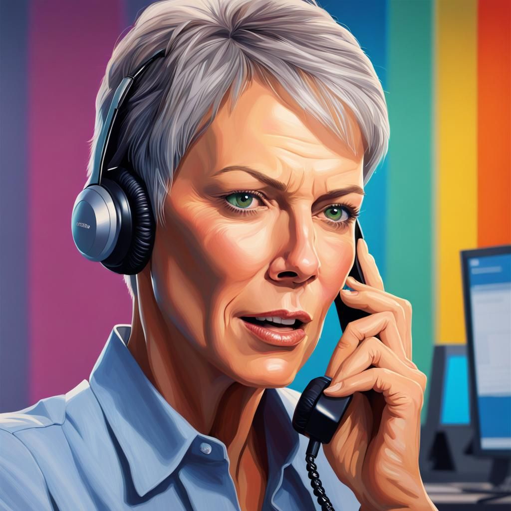 Jamie Lee Curtis at Call Center: Hyperrealistic Splash Art