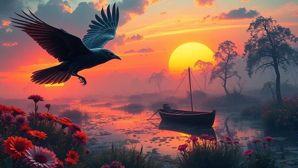 Cyberpunk Sunset with Majestic Jackdaw and Wildflowers