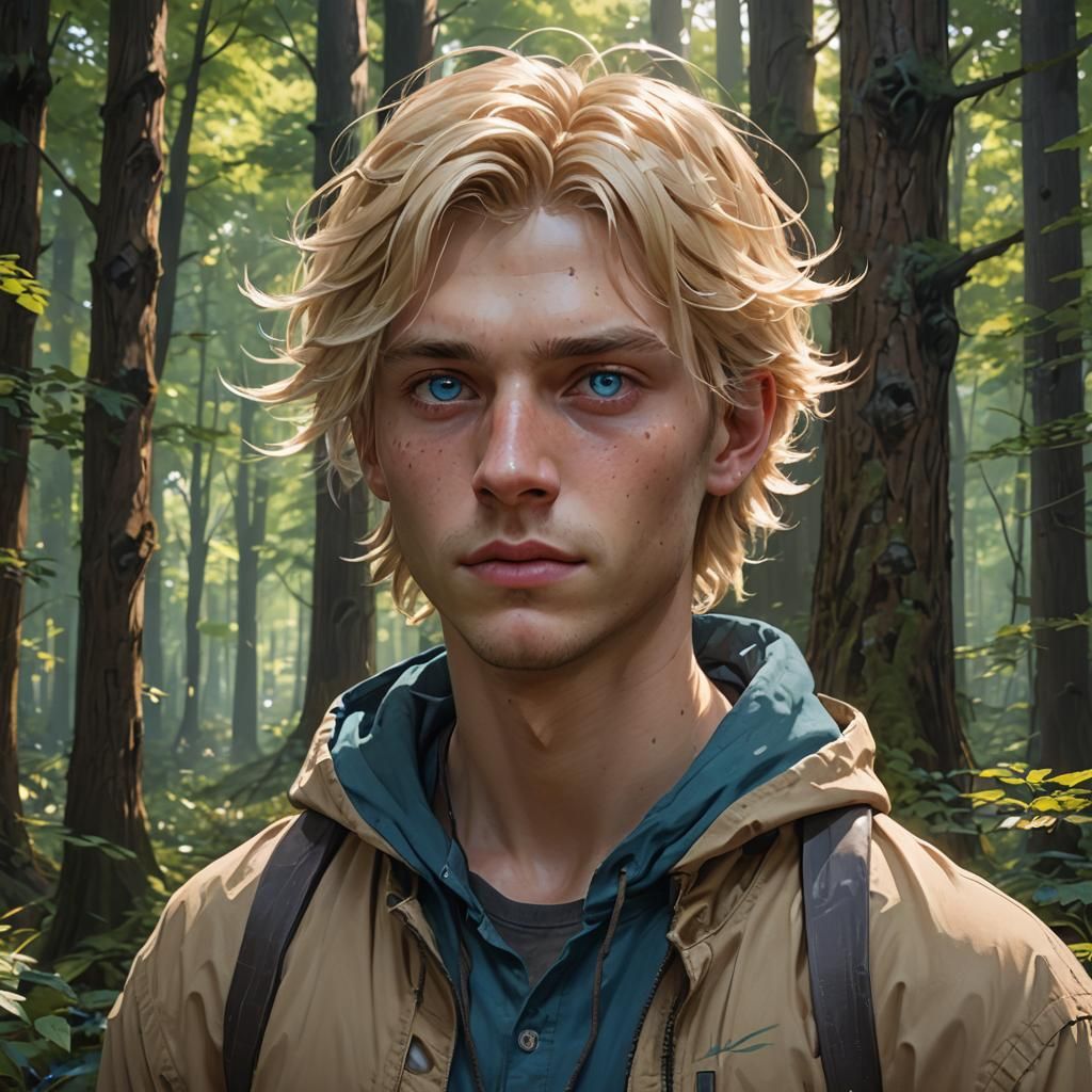 Blond Boy Portrait in Forest, Digital Art